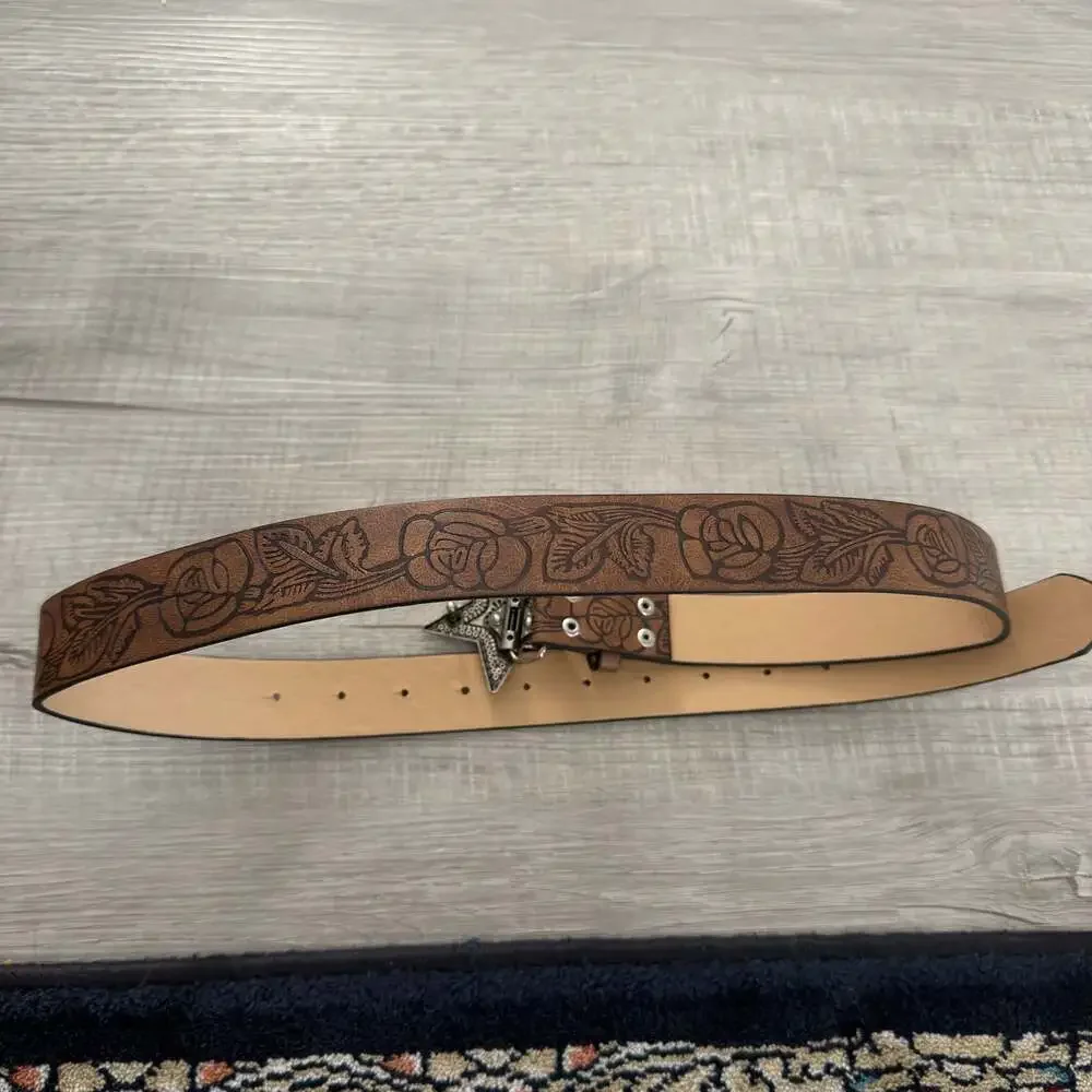 Western Style Brown Floral Embossed Belt with Star Buckle